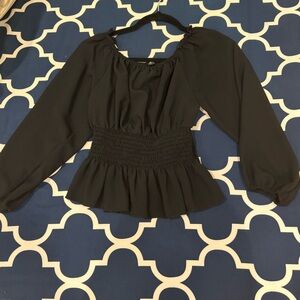 SHEIN Black Smocked Peplum Long Sleeve Blouse